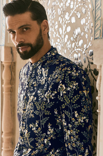 Ipsit Hand-painted Pichhwai Silk Bandhgala - Navy, Navy, image 5